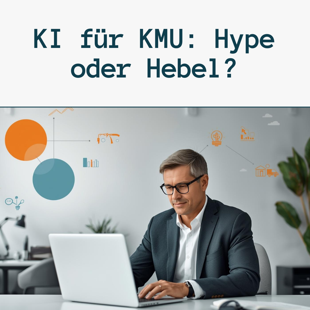 Mann am Laptop arbeitet, Text über KI für KMU im Hintergrund.