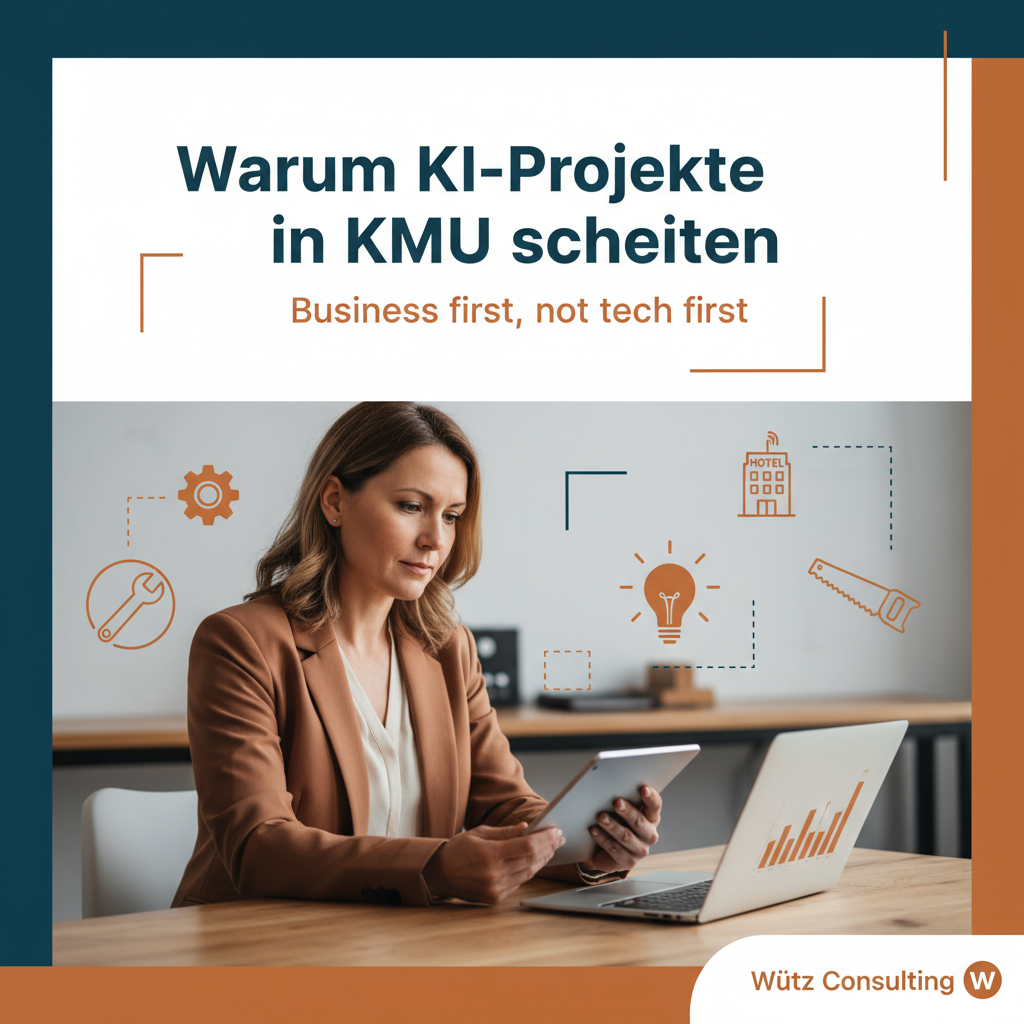 Frau mit Laptop in einem Büro, umgeben von Grafiken zu KI-Projekten in KMU.